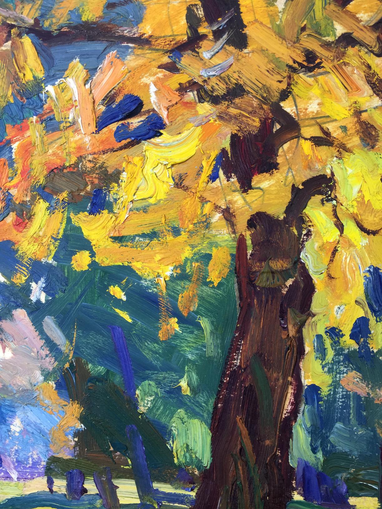 Vibrant impressionist oil painting of tree in forest park with yellow orange foliage