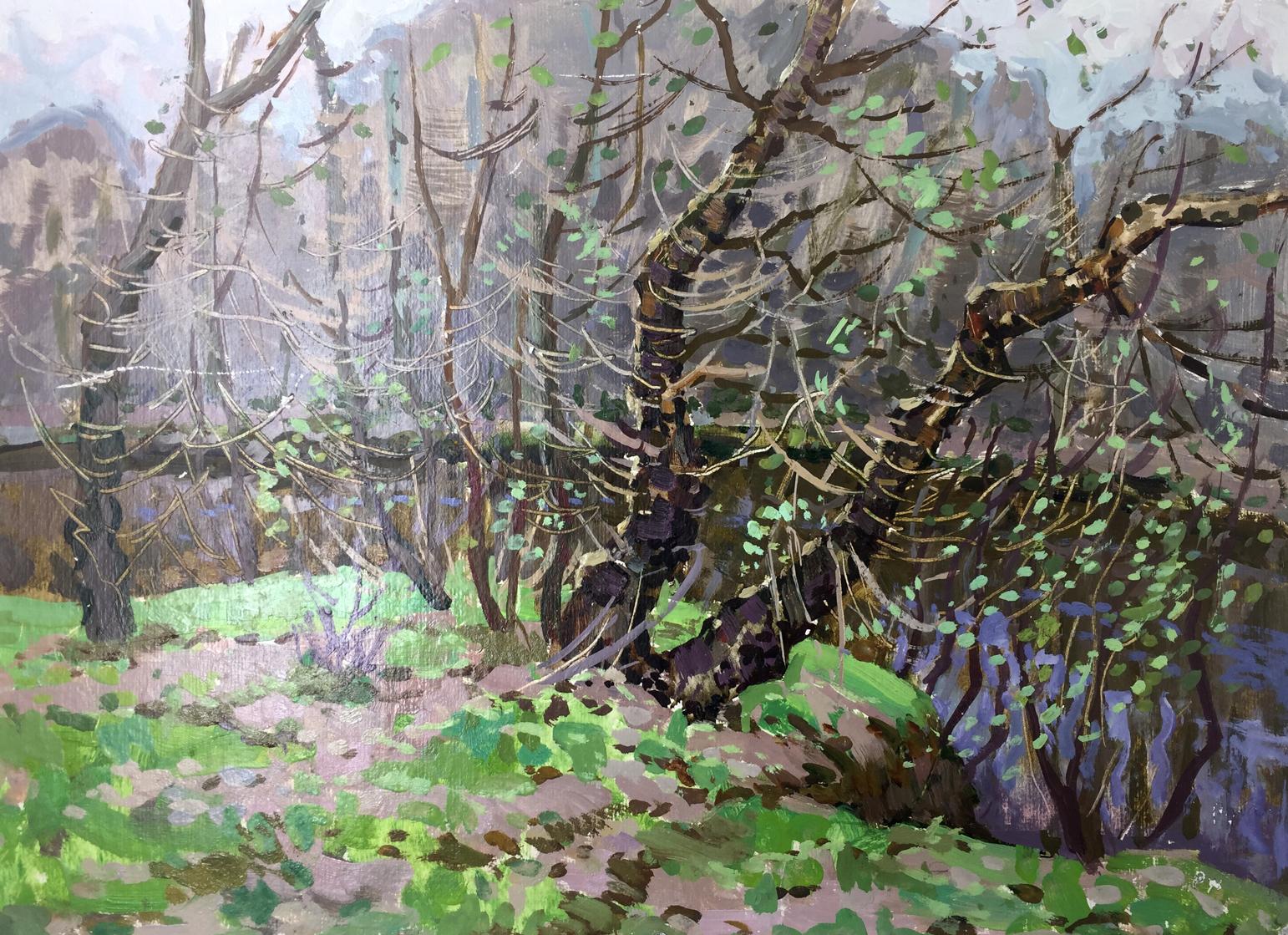 Original oil painting of textured impressionist forest swamp with gnarled trees