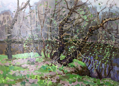 Original oil painting of textured impressionist forest swamp with gnarled trees