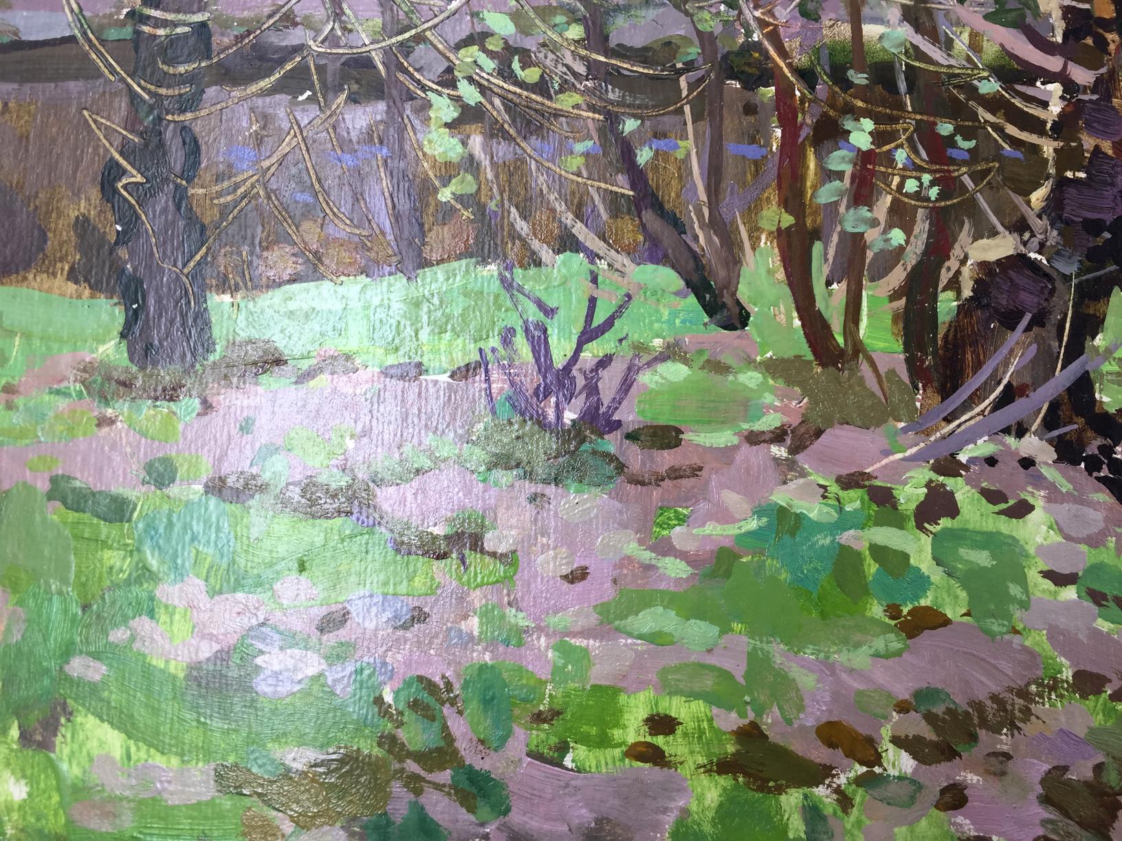 Original oil painting of textured forest swamp with green purple foliage