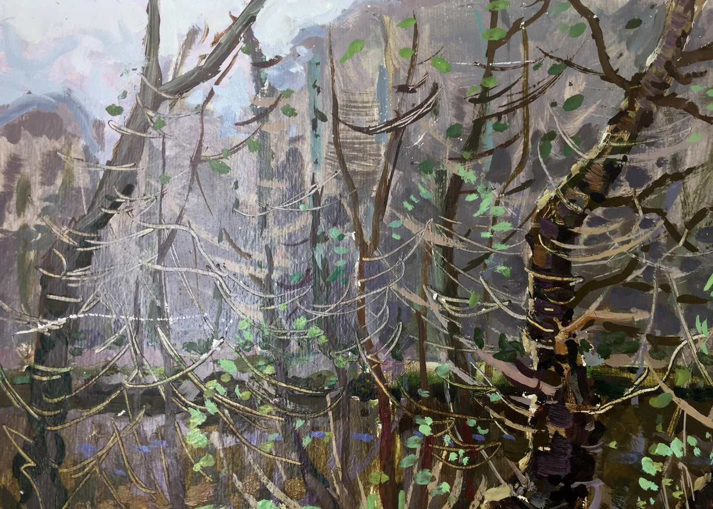 Original oil painting of textured forest swamp with gnarled trees and mountains