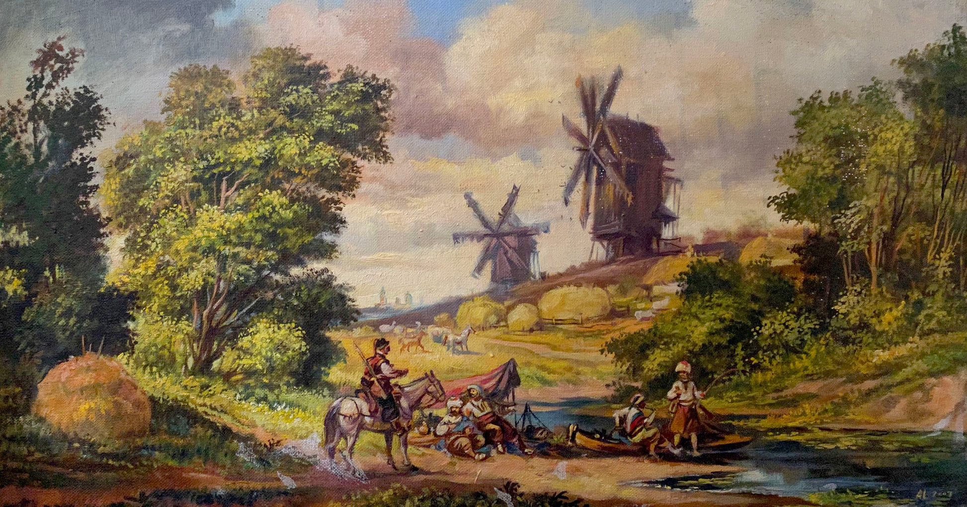 Oil painting by Litvinov: mills with brown sails, trees, hay bales, cloudy sky
