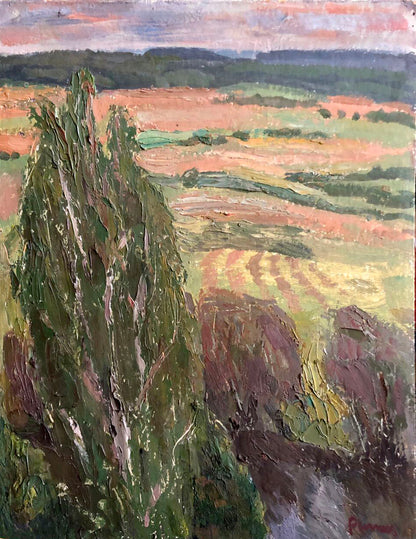 Oil painting Meadows by Ryzhykh Viktor: textured green tree in fields