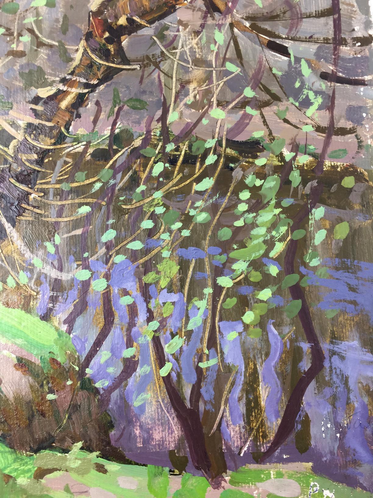 Original oil painting of textured forest swamp tree with green purple leaves