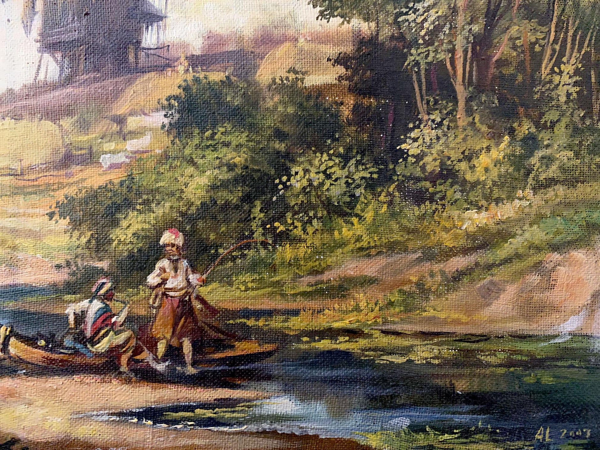 Oil painting by Alexander Arkadievich Litvinov: rustic rowboat with figures
