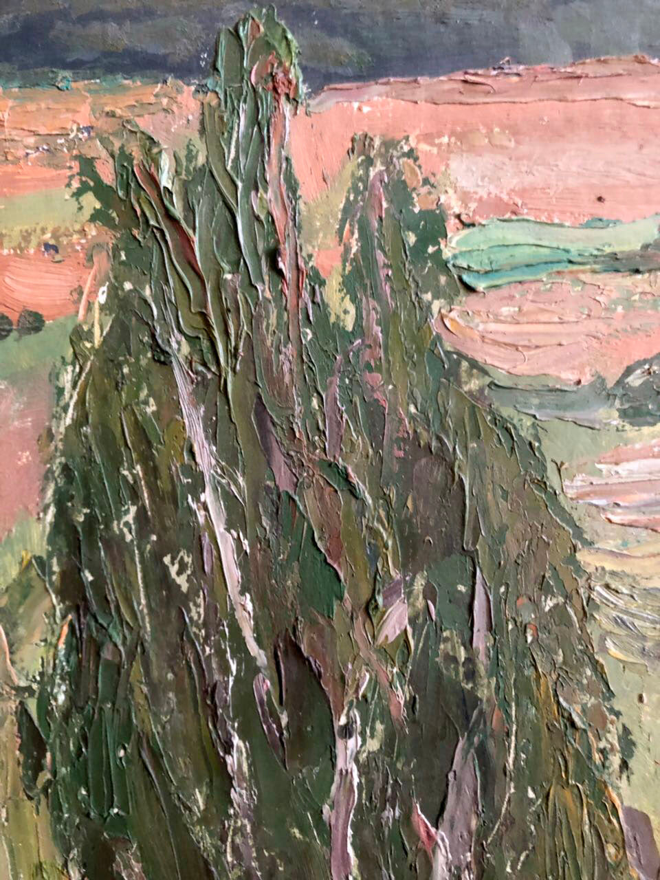 Oil painting Meadows by Ryzhykh Viktor: textured green pink landscape