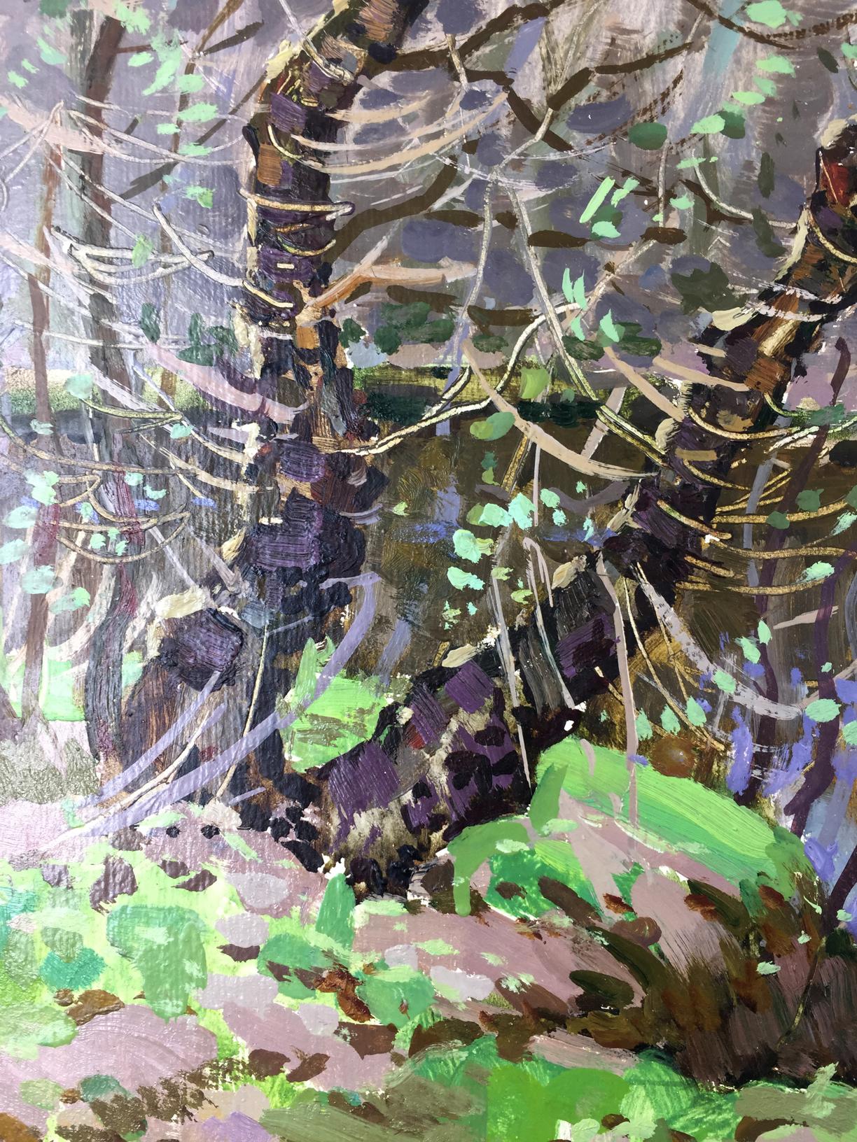 Original oil painting of textured impressionist forest swamp with gnarled trees