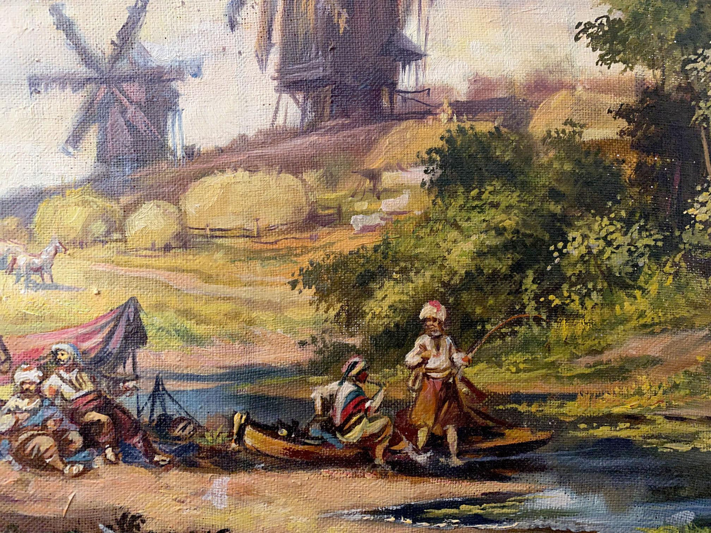 Oil painting of Dutch landscape with mills by Litvinov
