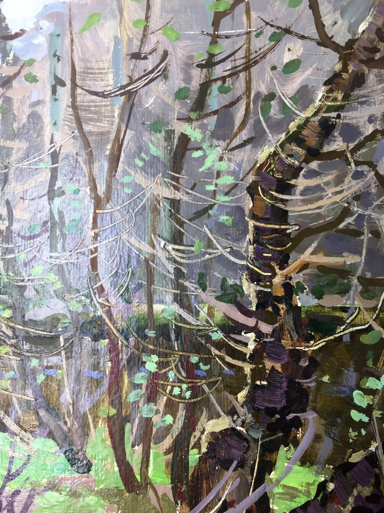 Original oil painting of textured abstract forest swamp in earthy tones