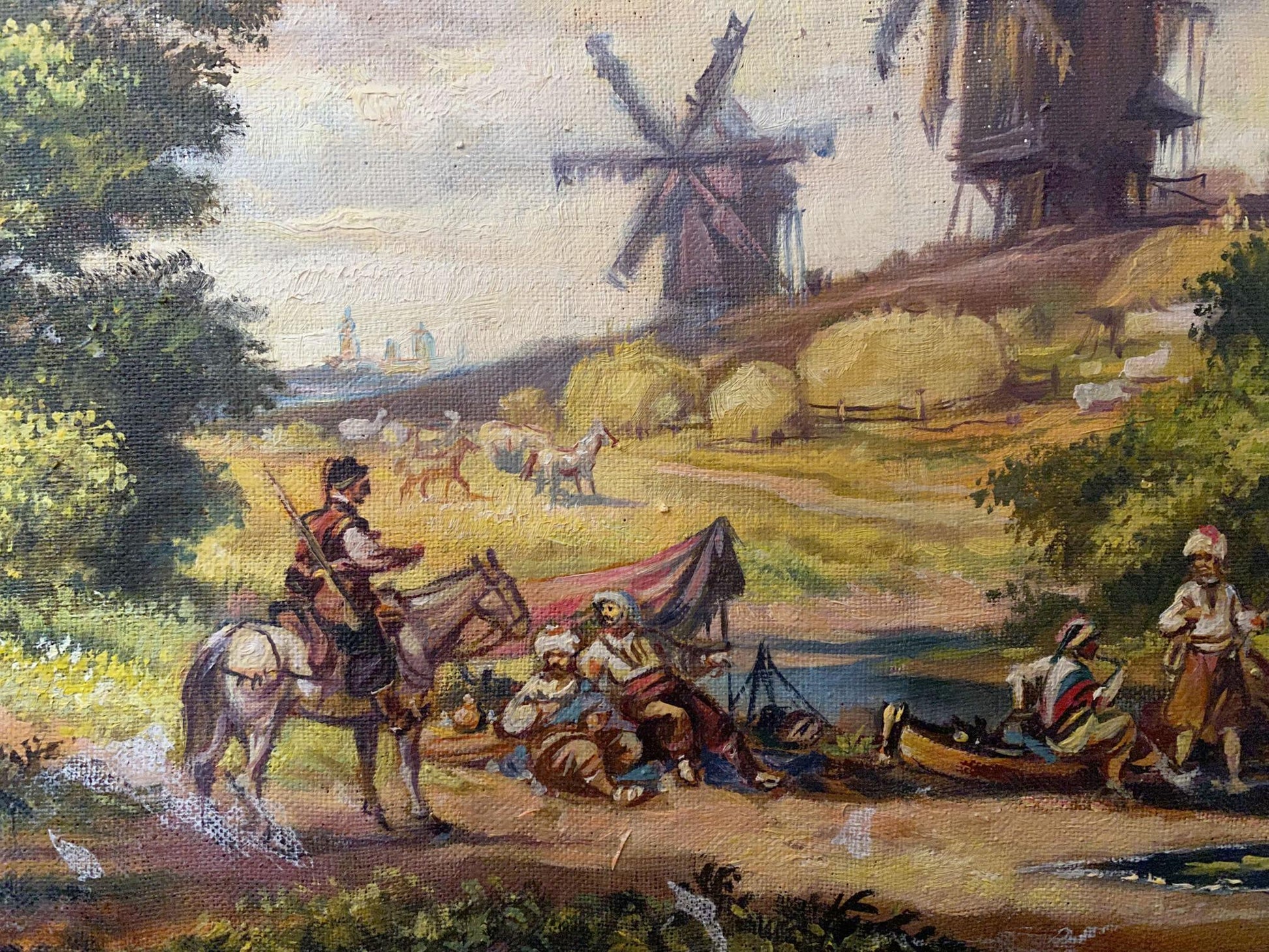 Oil painting by Litvinov: pastoral landscape with mills and hay bales