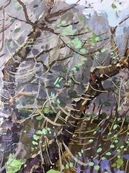 Original oil painting of textured forest swamp branches in browns, purples, greens