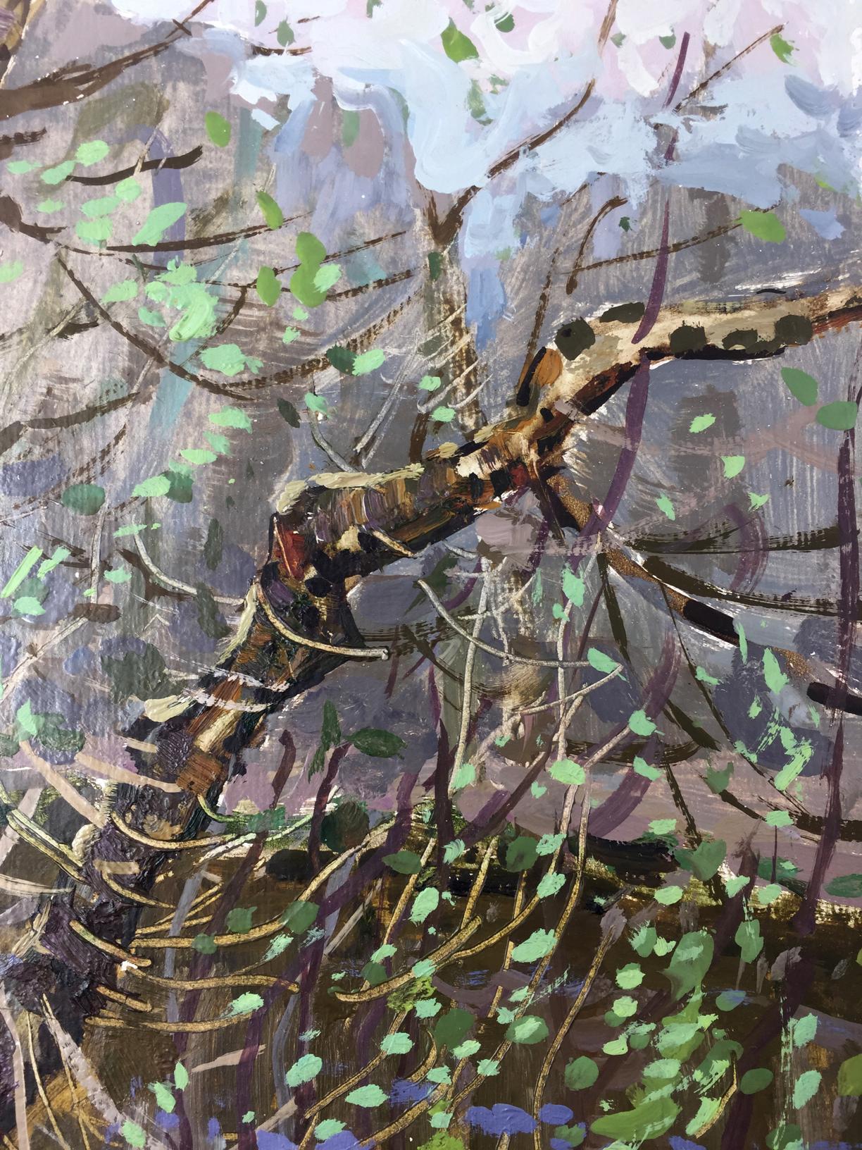 Oil painting of textured earth-toned tree branch in forest swamp