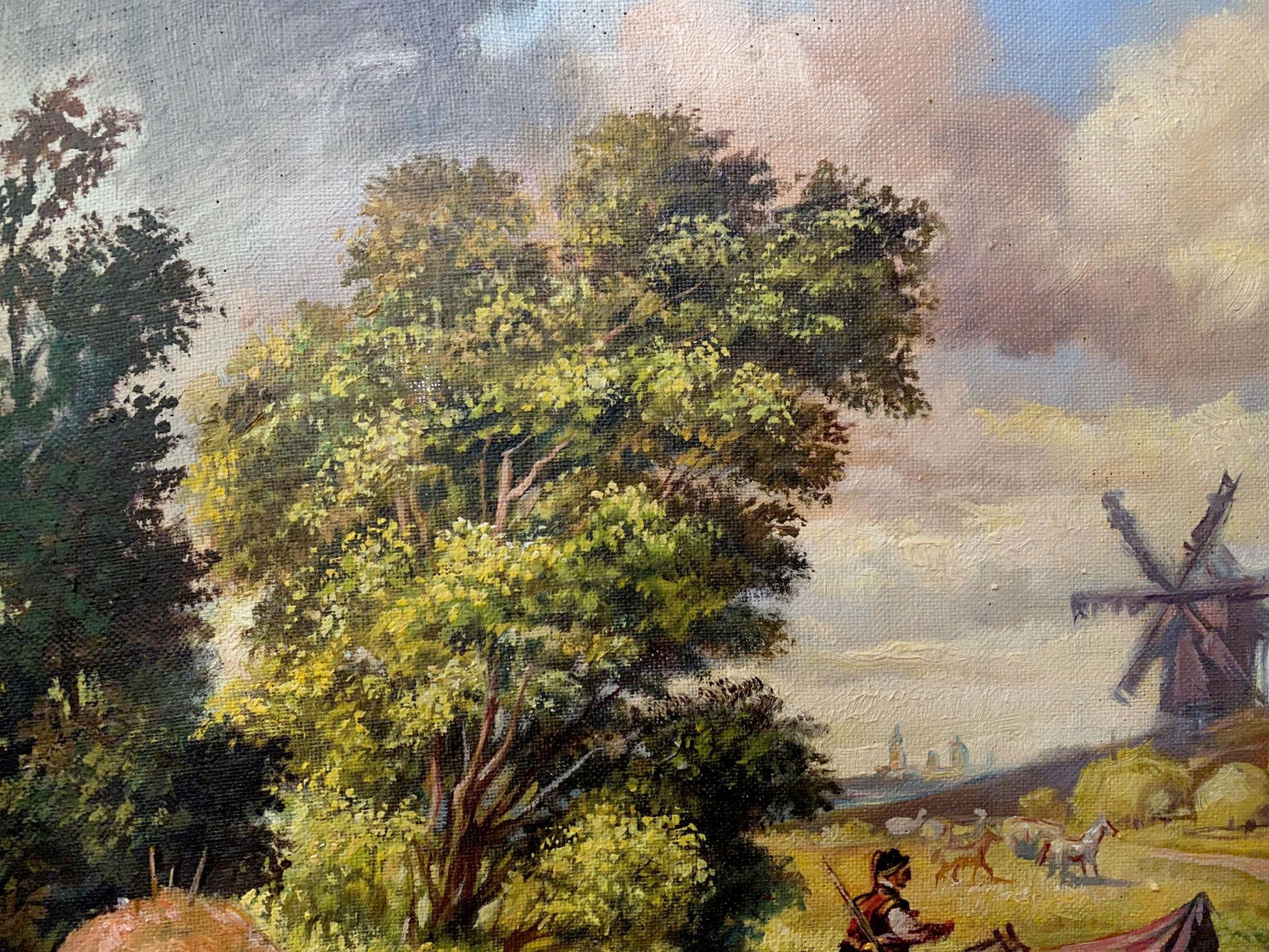 Oil painting of rustic wooden windmill by Litvinov against soft sky
