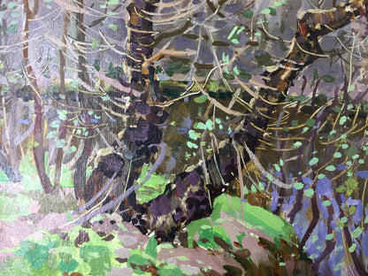 Original oil painting of textured forest swamp with dark trunks and green foliage