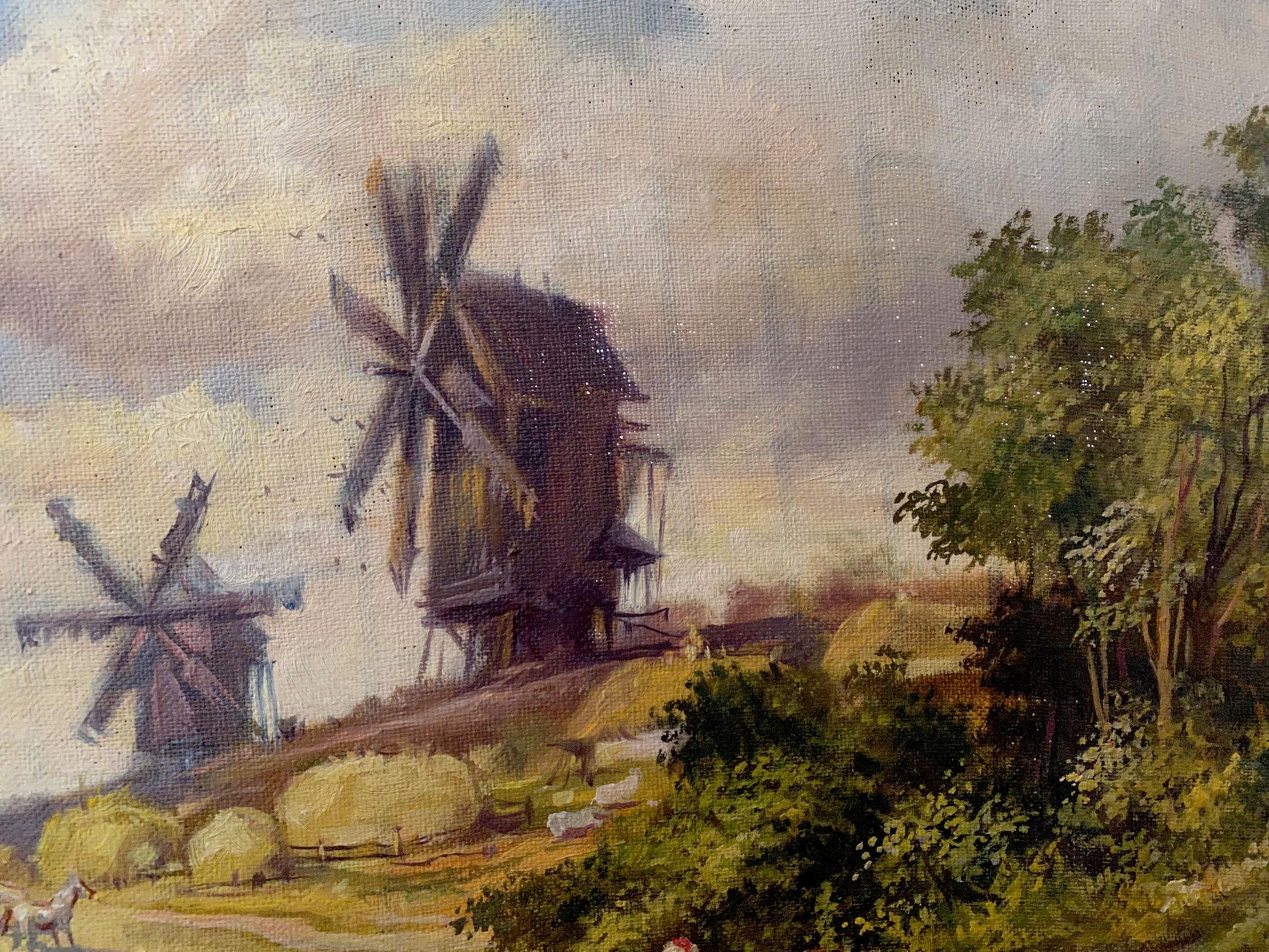 Oil painting of rustic wooden windmill by Litvinov under cloudy sky