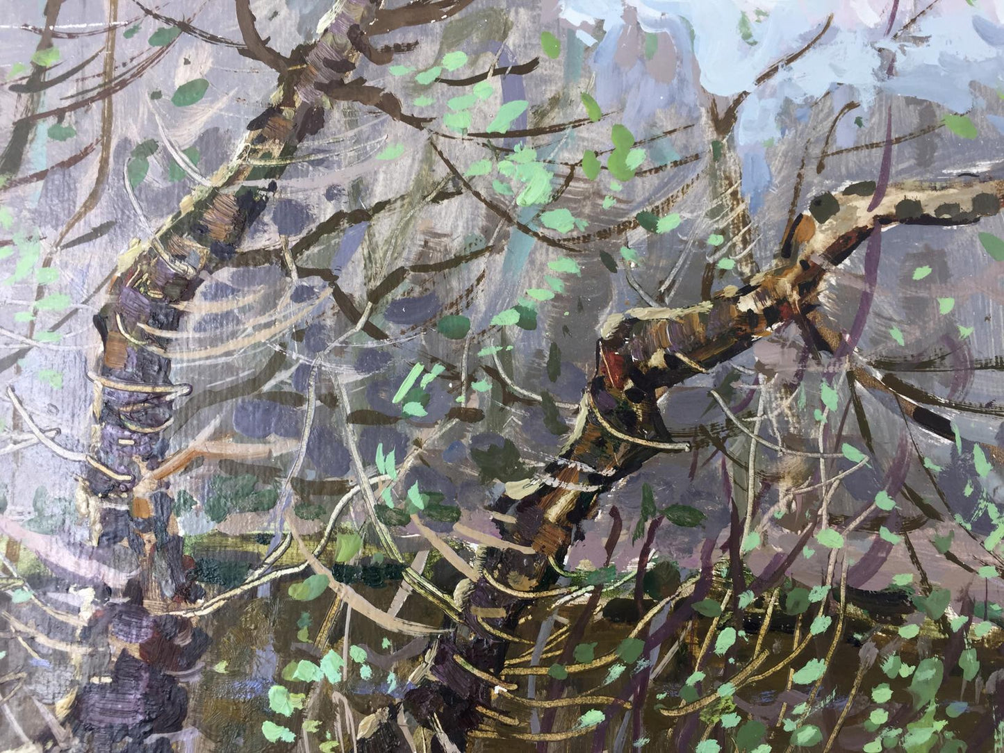 Oil painting of intertwined forest swamp tree branches in earthy tones