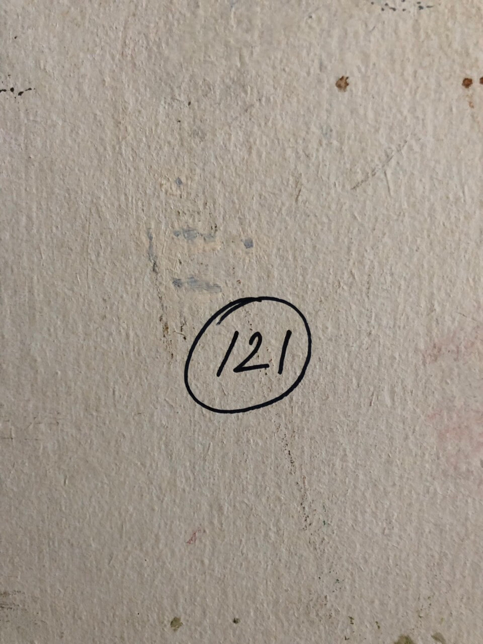 Black marker circle enclosing 121 on textured wall in Oil painting Meadows Ryzhykh Viktor