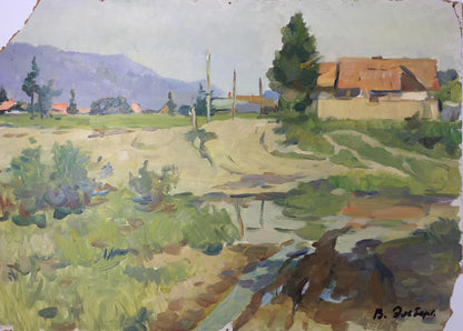 Rustic oil painting Road to the Carpathians by Elbert V.A. with green hills