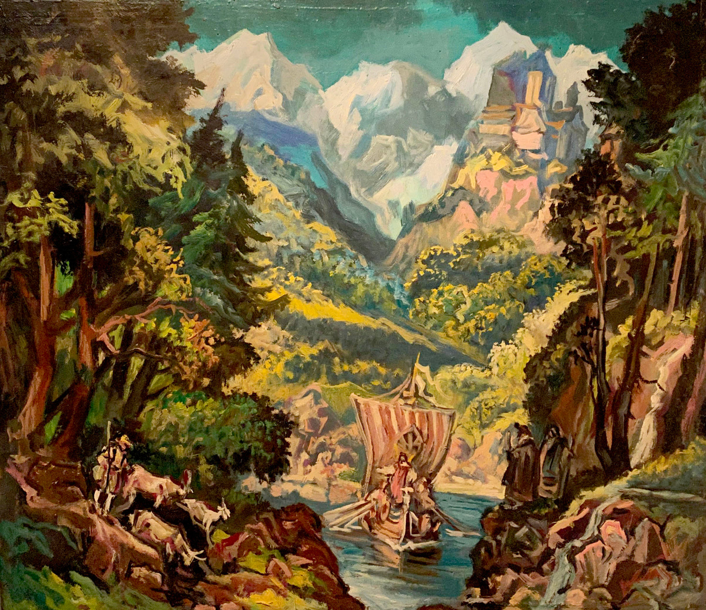 Oil painting by Alexander Arkadievich Litvinov: Viking longship on river amid forests and mountains