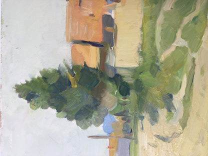Vibrant impressionist oil painting Road to the Carpathians by Elbert V. A. lush tree facade