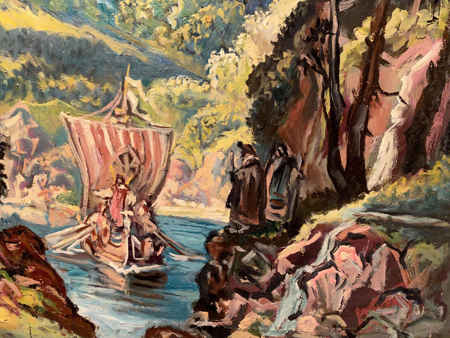 Oil painting Odyssey by Alexander Arkadievich Litvinov: Viking longship on river