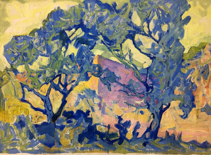 Oil painting Evening Came by Kiyansky Yuri Ivanovich, vibrant blue-green tree