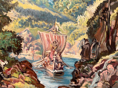 Oil painting by Alexander Arkadievich Litvinov: boat with red white sail on river