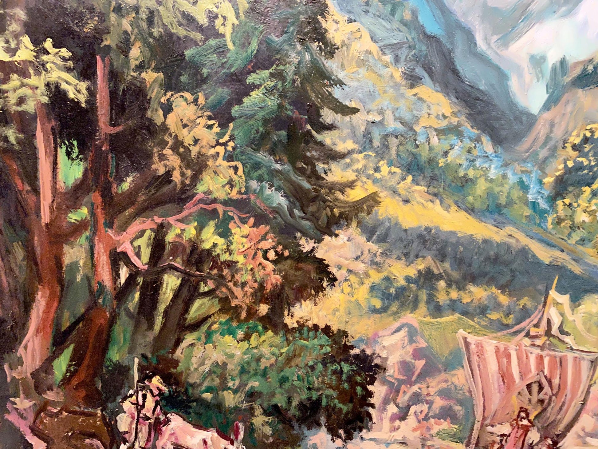 Vibrant impressionist oil painting by Litvinov: green trees, mountains, tent