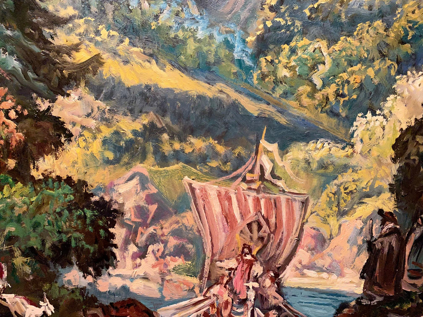 Oil painting Odyssey by Alexander Arkadievich Litvinov: Viking longship in river valley