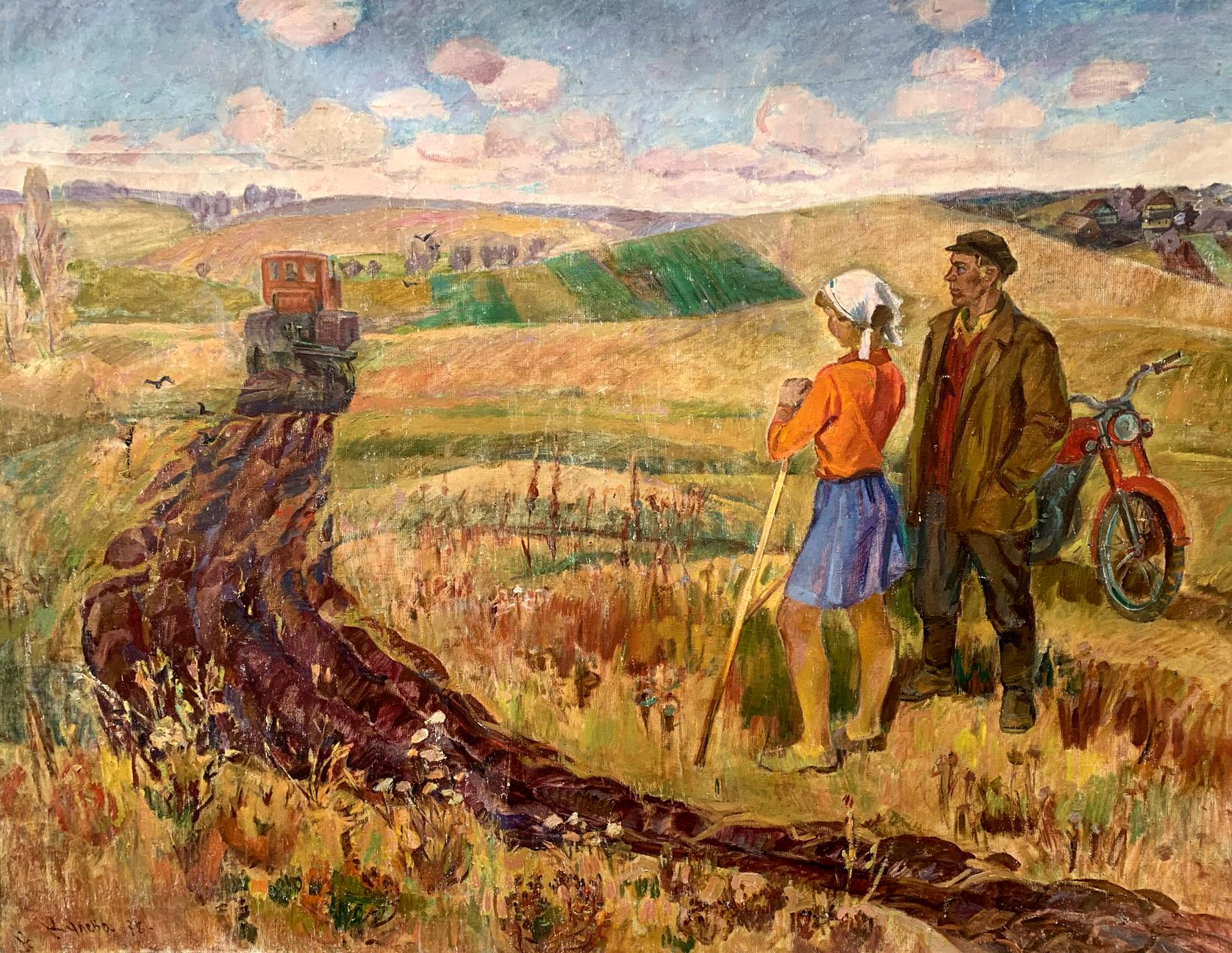 Woman in orange blue dress in field by Barinova-Kuleba Vera Ivanovna
