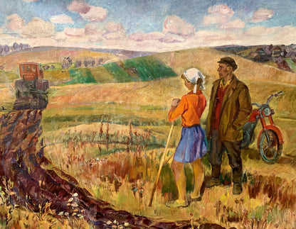 Social realism oil painting by Barinova-Kuleba Vera Ivanovna: red motorcycle on grassy field