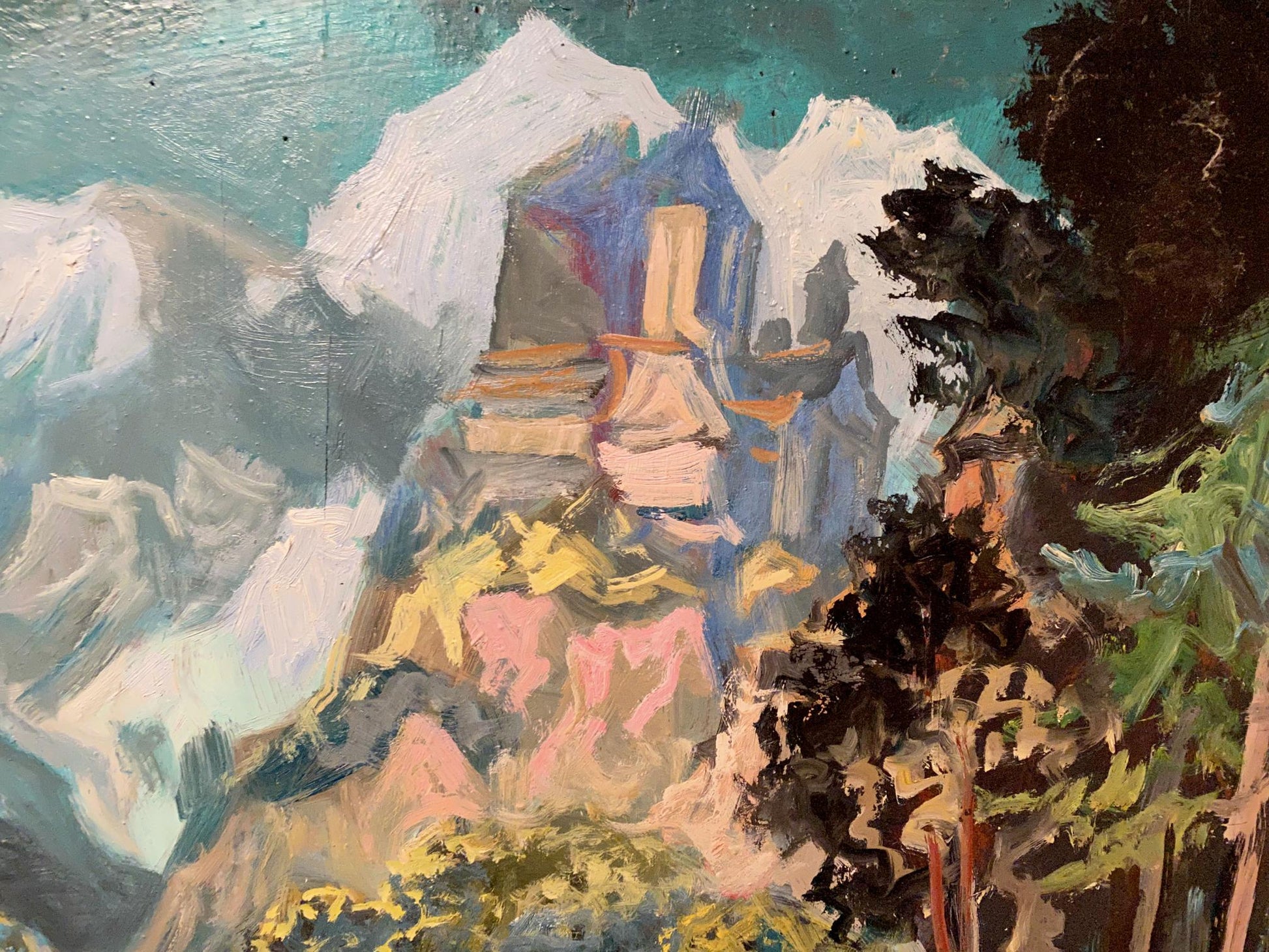 Oil painting Odyssey by Alexander Arkadievich Litvinov, vibrant mountains and foliage