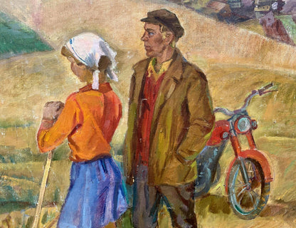 Red motorcycle with chrome handlebars beside figures in field, Barinova-Kuleba painting