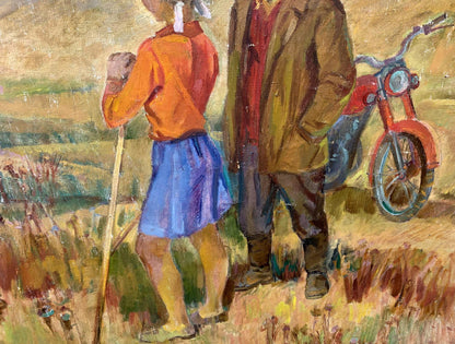 Red chrome-accented motorcycle in field, Social realism oil painting by Barinova-Kuleba Vera Ivanovna