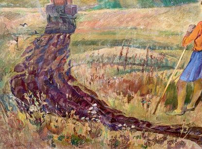 Weathered dark purple stone monument in field, social realism oil painting by Barinova-Kuleba Vera Ivanovna