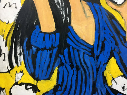 Oil painting portrait of girl in vibrant blue striped garment by Sirenko Valentin Stepanovich