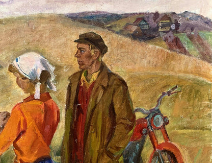 Red motorcycle in Vera Ivanovna Barinova-Kuleba social realism oil painting Days on the field