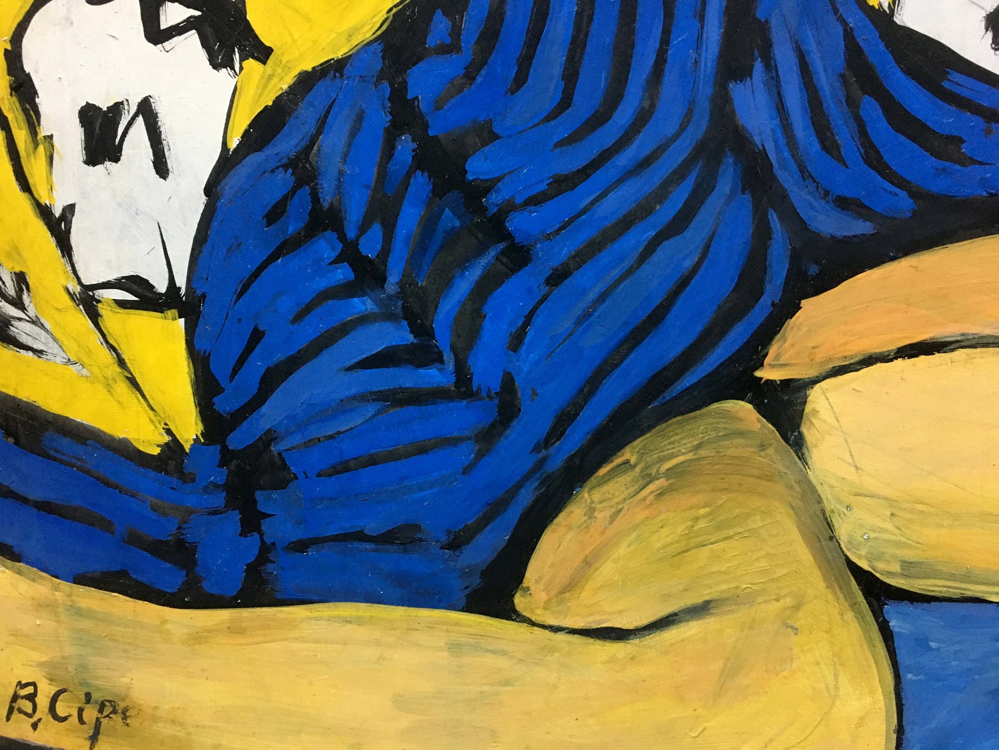 Oil painting portrait of a girl by Sirenko Valentin Stepanovich, vibrant blue yellow abstract with bold black outlines