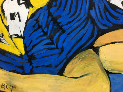 Oil painting portrait of a girl by Sirenko Valentin Stepanovich, vibrant blue yellow abstract with bold black outlines