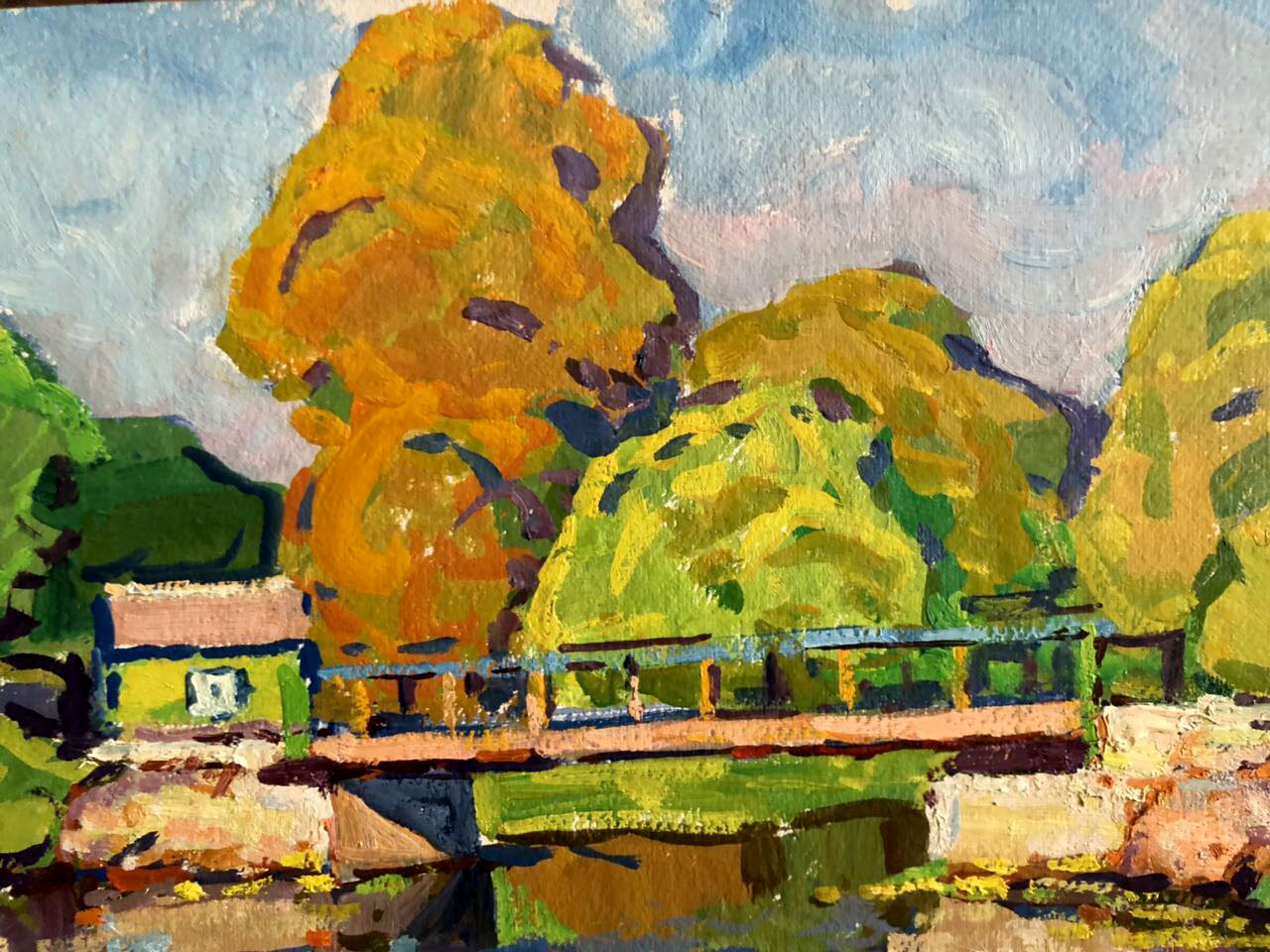 Vibrant impressionist oil painting of Forest Bridge by Kolosovsky Georgy Sergeevich