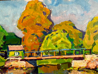 Vibrant impressionist oil painting of Forest Bridge by Kolosovsky Georgy Sergeevich