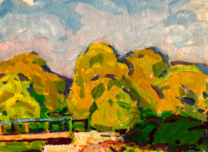 Vibrant impressionist oil painting by Kolosovsky Georgy Sergeevich: forest bridge with yellow green hills