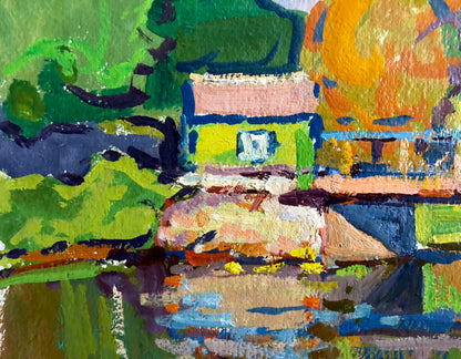 Vibrant oil painting of forest bridge by Kolosovsky Georgy Sergeevich