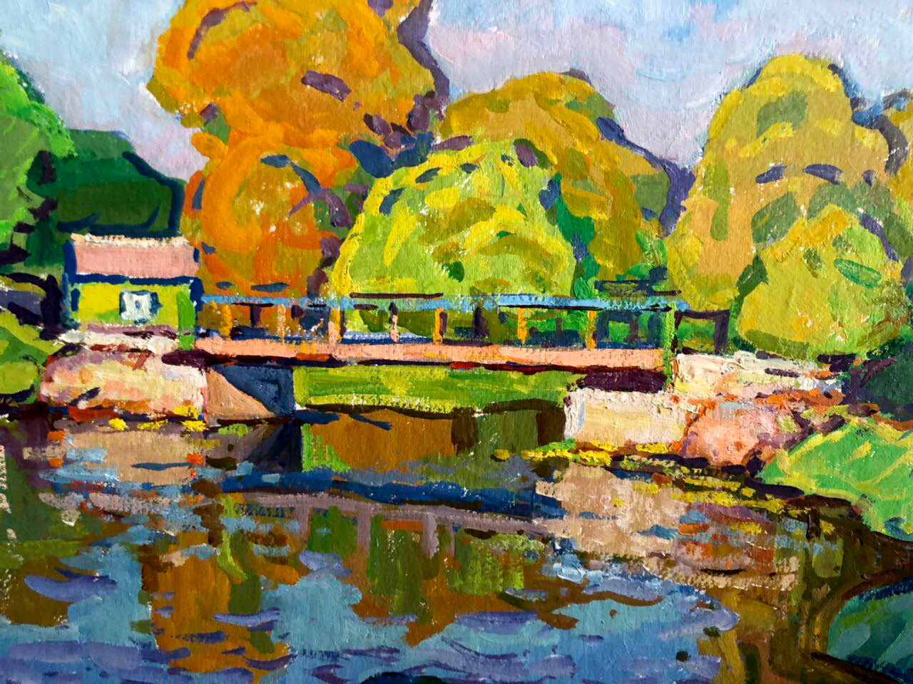 Vibrant impressionist oil painting of Forest Bridge by Kolosovsky Georgy Sergeevich