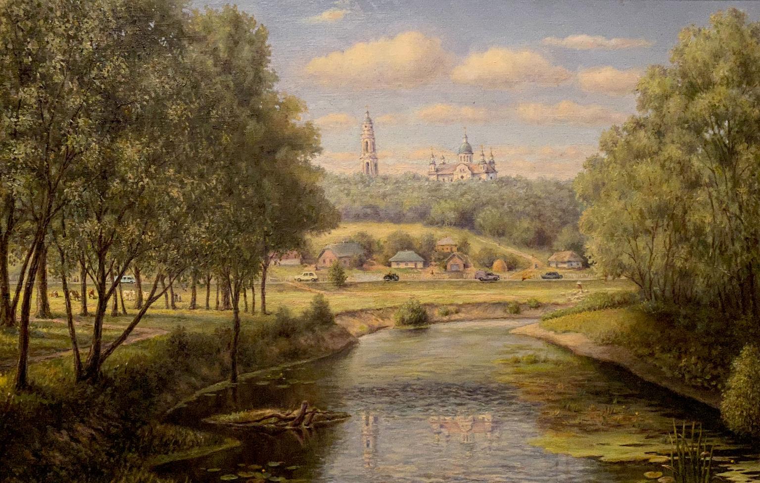 Oil painting by Litvinov Arkady Petrovich: serene river landscape with monastery