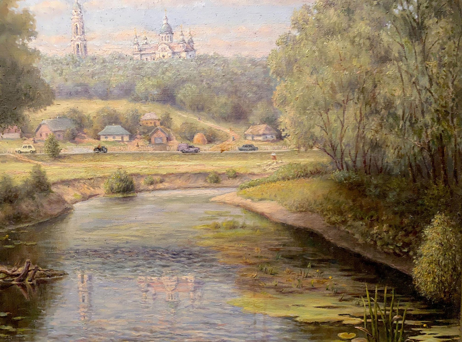 Oil painting by Litvinov Arkady Petrovich: serene river in lush landscape