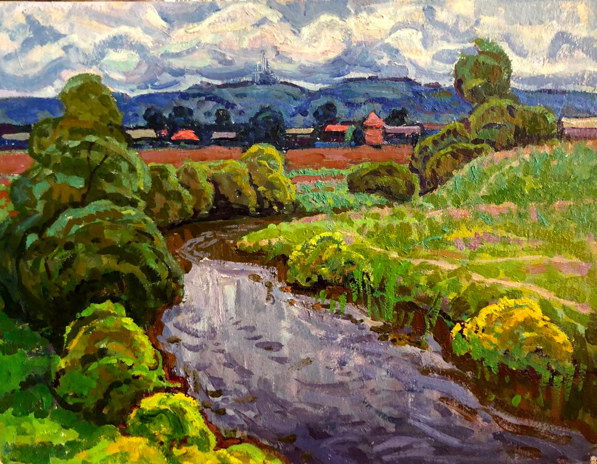 Vibrant impressionist oil painting by Grigory Savelievich Ruban of winding river in lush fields under dramatic sky