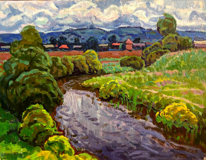 Vibrant impressionist oil painting by Grigory Savelievich Ruban of winding river in lush fields under dramatic sky
