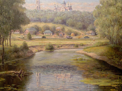 Serene oil painting by Litvinov Arkady Petrovich: river landscape with monastery