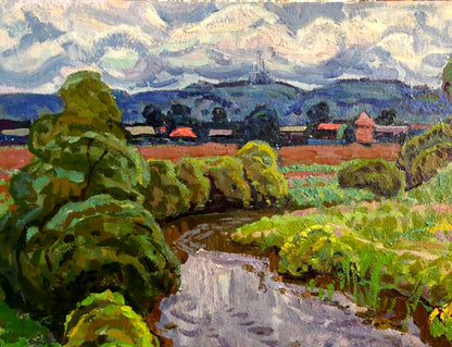 Vibrant impressionist oil painting by Grigory Savelievich Ruban of rural landscape
